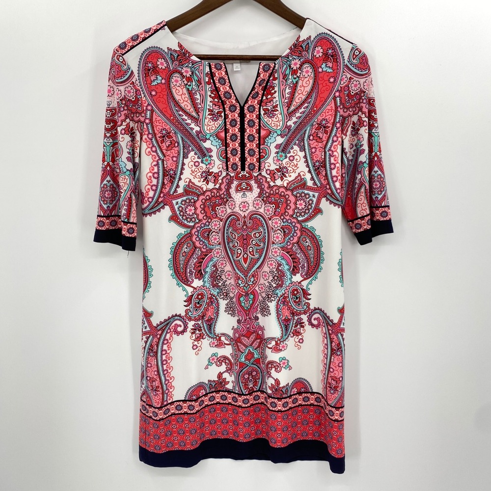 Signature Camryn Paisley Shift Dress Womens 4P Pink Navy Boho Split Neck Career